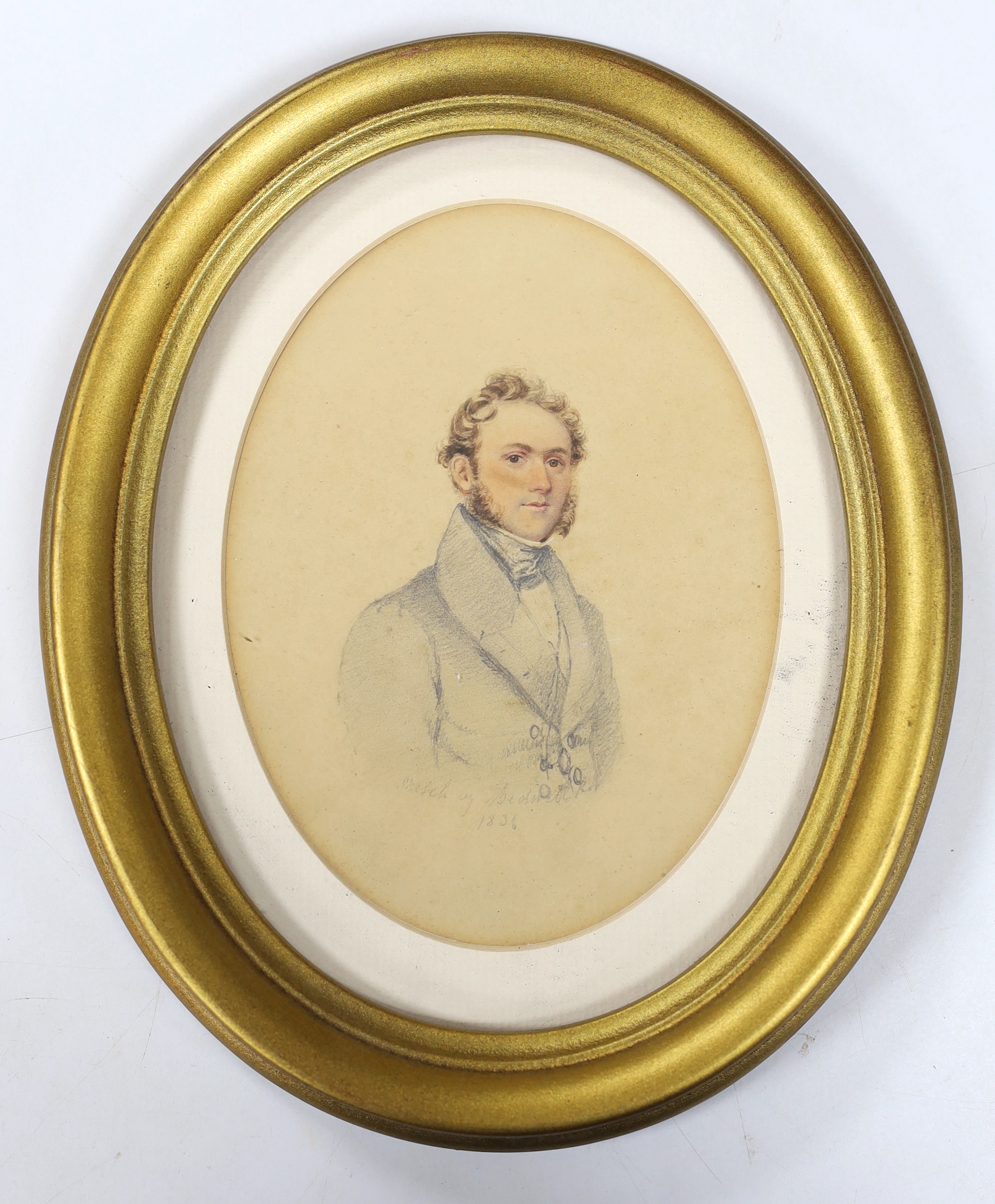 Early 19th century English School, pencil and watercolour, Portrait of a gentleman, indistinctly inscribed and dated 1831, together with a 19th century heightened watercolour, River landscape with boat, ornate gilt frame